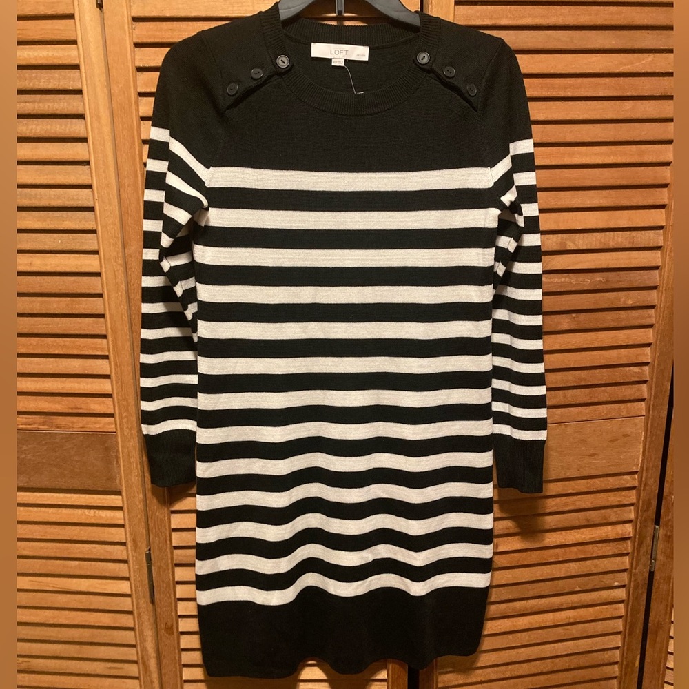 Ann Taylor Loft Black & Cream Striped Knit Sweater Dress